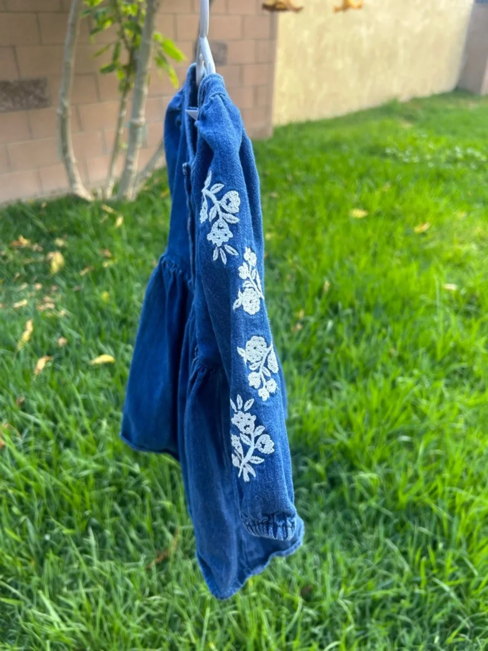 Old Navy Blue Denim Girls' Embroidered Sleeve Peasant Dress